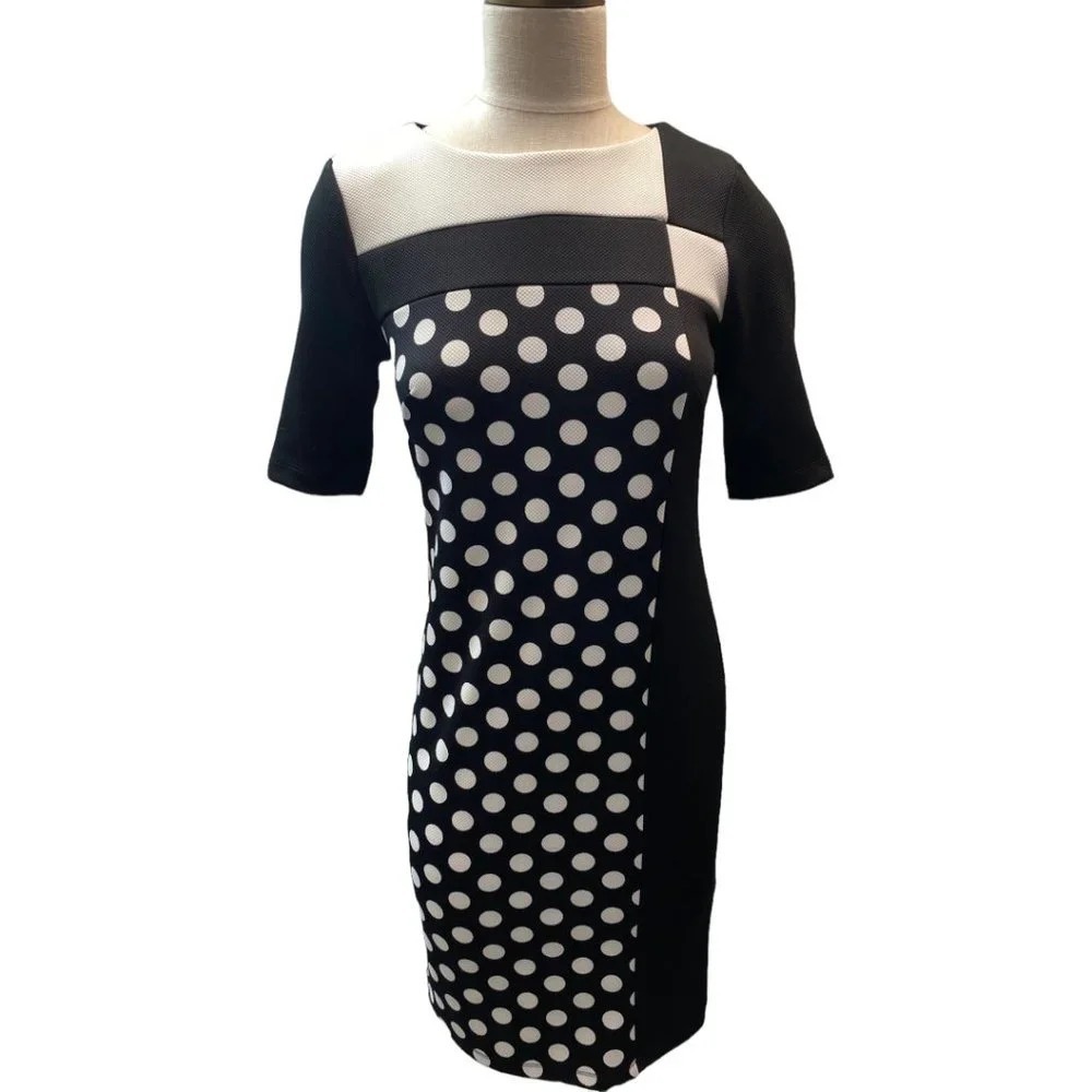 ROZ & ALI Black White Polka Dot Sheath Dress Size 4 Geometric Panel